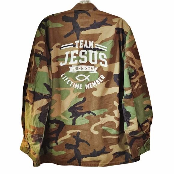 Team Jesus Custom Upcycled U.S. Military Camo Jacket, Unisex M/L - Picture 1 of 8